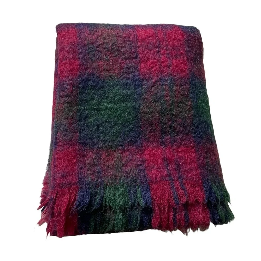 CUSHENDALE Ireland Vintage Mohair Wool Plaid Throw Blanket Burgundy Blue Green